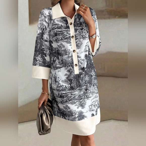 Women's Random Floral Print Button Front Loose Long Sleeve Dress